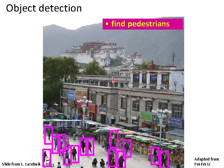 Object detection • find pedestrians Slide from L. Lazebnik. Adapted from Fei-Fei Li 