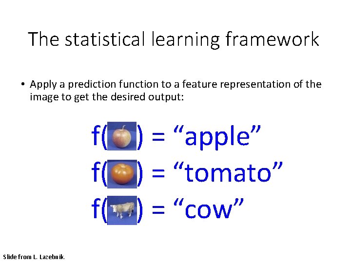 The statistical learning framework • Apply a prediction function to a feature representation of
