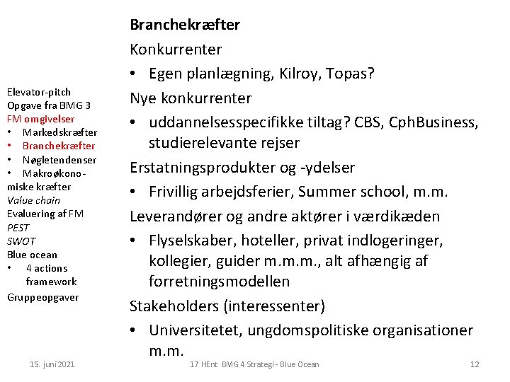 Elevator-pitch Opgave fra BMG 3 FM omgivelser • Markedskræfter • Branchekræfter • Nøgletendenser •