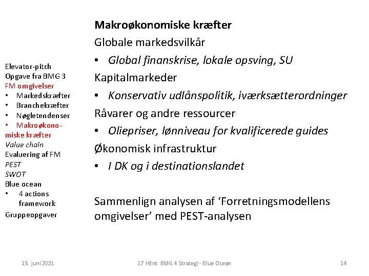 Elevator-pitch Opgave fra BMG 3 FM omgivelser • Markedskræfter • Branchekræfter • Nøgletendenser •