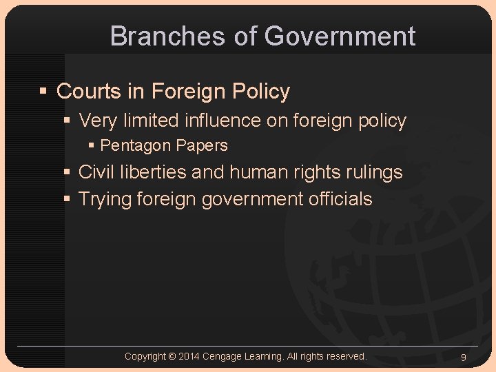 Branches of Government § Courts in Foreign Policy § Very limited influence on foreign