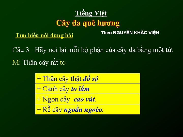 Tiếng Việt Tìm hiểu nội dung bài Theo NGUYỄN KHẮC VIỆN Câu 3 :