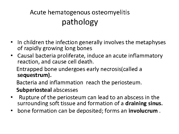 Acute hematogenous osteomyelitis pathology • In children the infection generally involves the metaphyses of