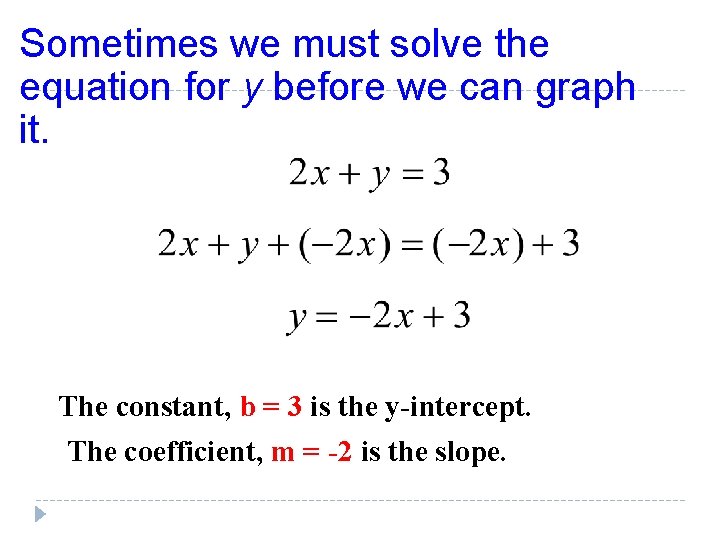 Sometimes we must solve the equation for y before we can graph it. The Sometimes we must solve the equation for y before we can graph it. The