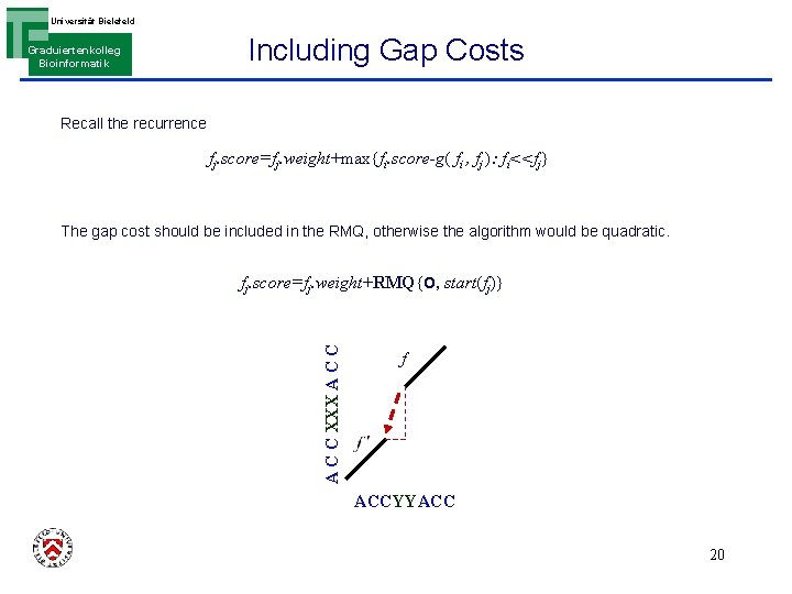 Universität Bielefeld Graduiertenkolleg Bioinformatik Including Gap Costs Recall the recurrence fj. score=fj. weight+max{fi. score-g(