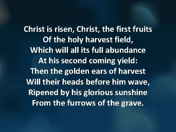 Christ is risen, Christ, the first fruits Of the holy harvest field, Which will