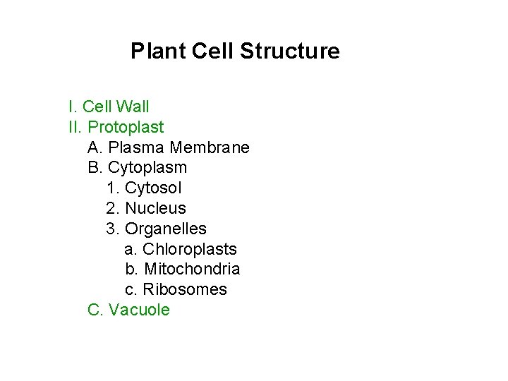 Plant Cell Structure I. Cell Wall II. Protoplast A. Plasma Membrane B. Cytoplasm 1.