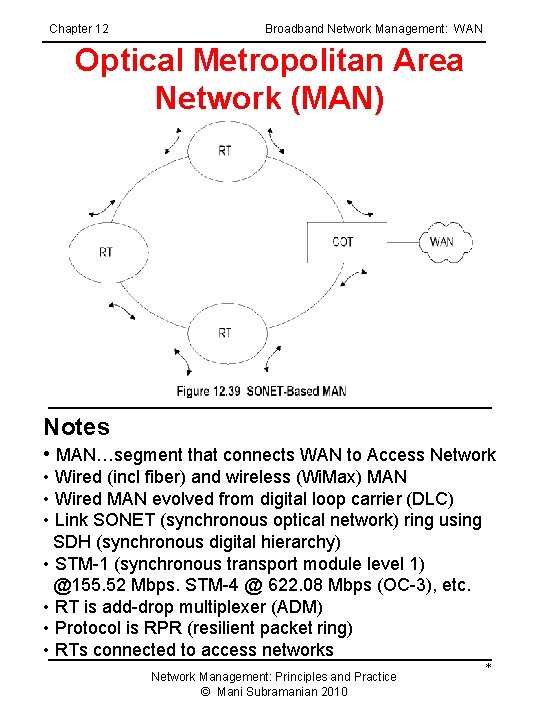 Chapter 12 Broadband Network Management: WAN Optical Metropolitan Area Network (MAN) Notes • MAN…segment