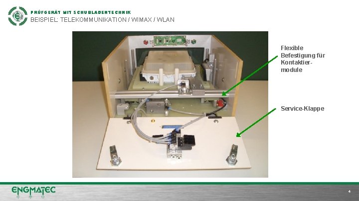 PRÜFGERÄT MIT SCHUBLADENTECHNIK BEISPIEL: TELEKOMMUNIKATION / WIMAX / WLAN Flexible Befestigung für Kontaktiermodule Service-Klappe