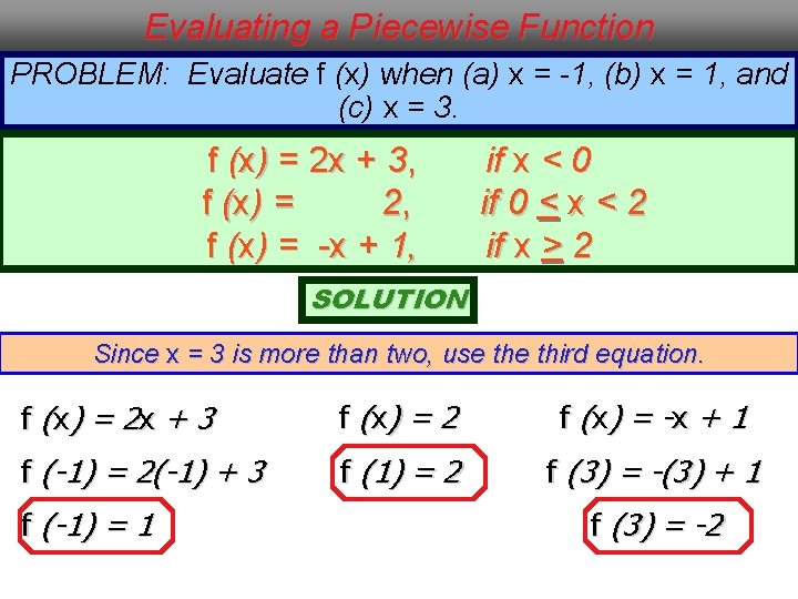 Evaluating a Piecewise Function PROBLEM: Evaluate f (x) when (a) x = -1, (b)