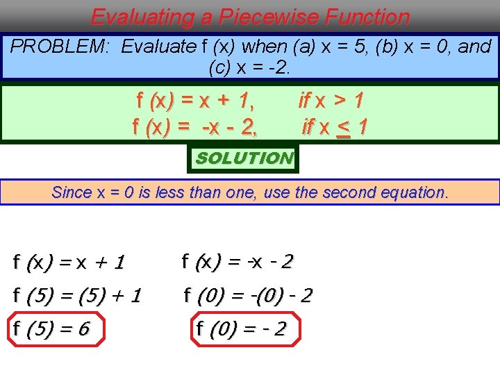 Evaluating a Piecewise Function PROBLEM: Evaluate f (x) when (a) x = 5, (b)