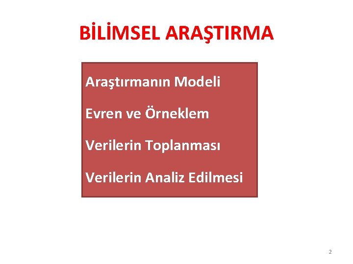 BİLİMSEL ARAŞTIRMA Araştırmanın Modeli Evren ve Örneklem Verilerin Toplanması Verilerin Analiz Edilmesi 2 