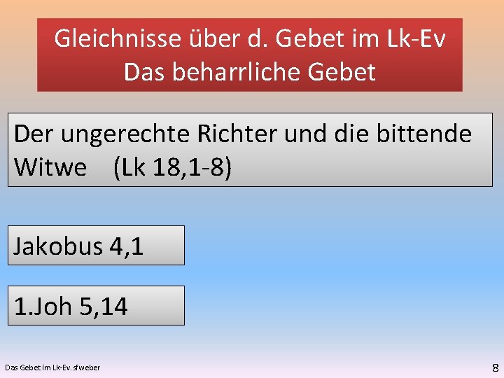 Gleichnisse über d. Gebet im Lk-Ev Das beharrliche Gebet Der ungerechte Richter und die