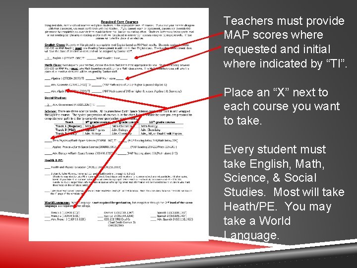 Teachers must provide MAP scores where requested and initial where indicated by “TI”. Place