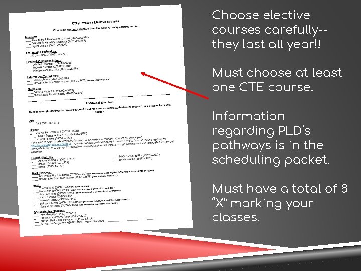Choose elective courses carefully-they last all year!! Must choose at least one CTE course.