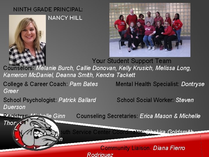 NINTH GRADE PRINCIPAL: NANCY HILL Your Student Support Team Counselors: Melanie Burch, Callie Donovan,