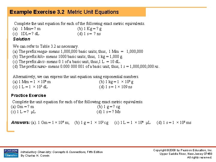 Example Exercise 3. 2 Metric Unit Equations Complete the unit equation for each of