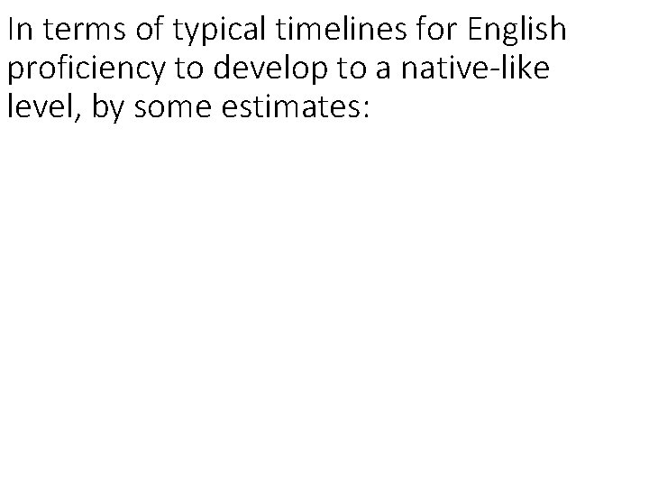 In terms of typical timelines for English proficiency to develop to a native-like level, In terms of typical timelines for English proficiency to develop to a native-like level,