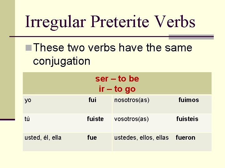 Irregular Preterite Verbs n These two verbs have the same conjugation ser – to