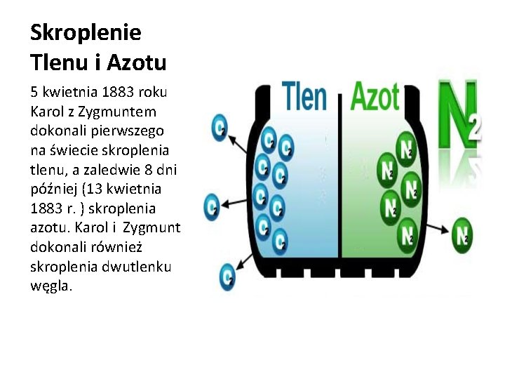 Skroplenie Tlenu i Azotu 5 kwietnia 1883 roku Karol z Zygmuntem dokonali pierwszego na