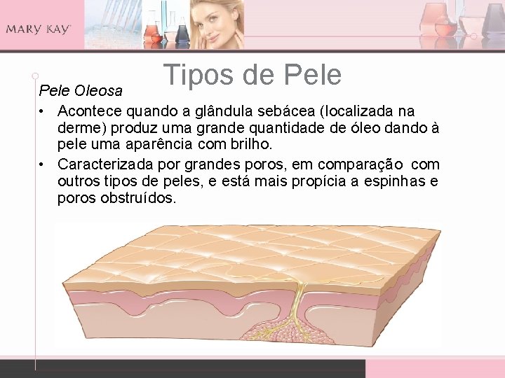 Tipos de Pele Oleosa • Acontece quando a glândula sebácea (localizada na derme) produz