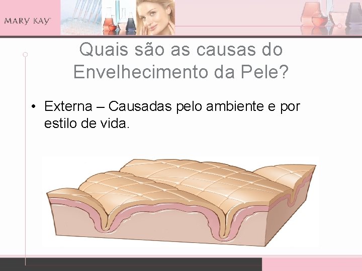 Quais são as causas do Envelhecimento da Pele? • Externa – Causadas pelo ambiente