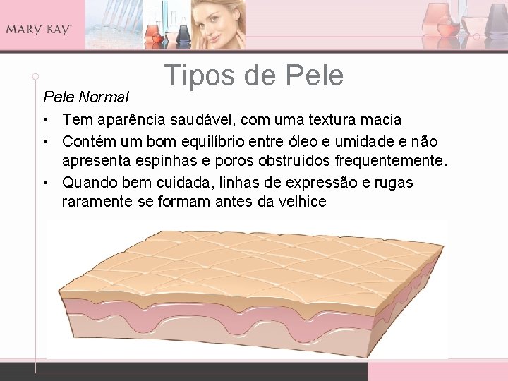 Tipos de Pele Normal • Tem aparência saudável, com uma textura macia • Contém