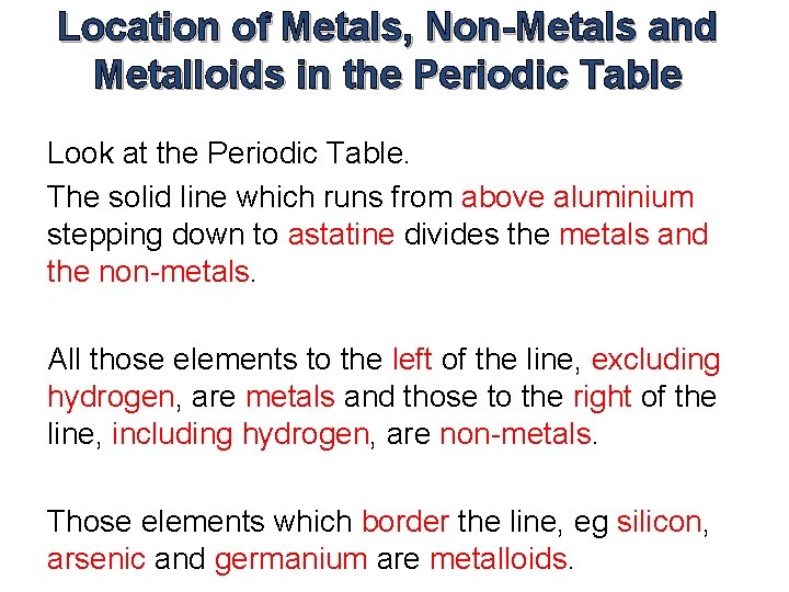Location of Metals, Non-Metals and Metalloids in the Periodic Table Look at the Periodic Location of Metals, Non-Metals and Metalloids in the Periodic Table Look at the Periodic