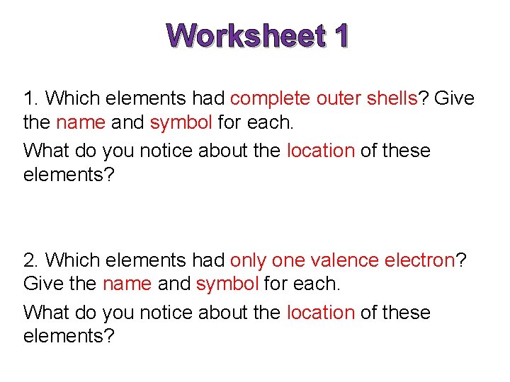 Worksheet 1 1. Which elements had complete outer shells? Give the name and symbol Worksheet 1 1. Which elements had complete outer shells? Give the name and symbol