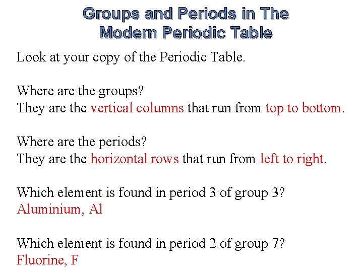 Groups and Periods in The Modern Periodic Table Look at your copy of the Groups and Periods in The Modern Periodic Table Look at your copy of the
