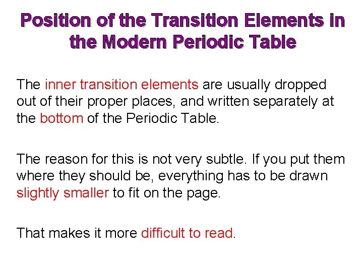 Position of the Transition Elements in the Modern Periodic Table The inner transition elements Position of the Transition Elements in the Modern Periodic Table The inner transition elements