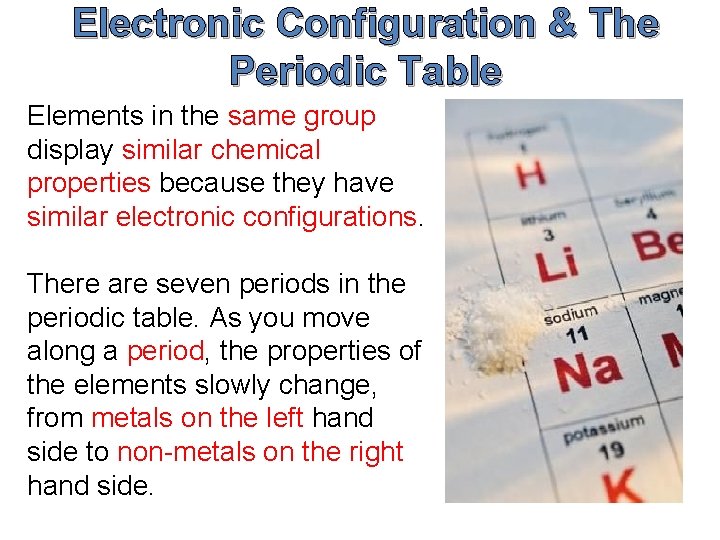 Electronic Configuration & The Periodic Table Elements in the same group display similar chemical Electronic Configuration & The Periodic Table Elements in the same group display similar chemical