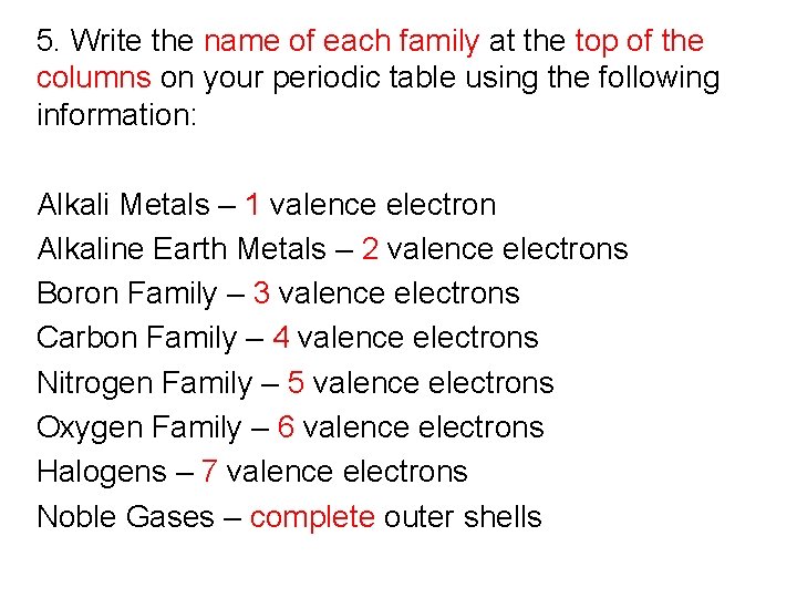 5. Write the name of each family at the top of the columns on 5. Write the name of each family at the top of the columns on