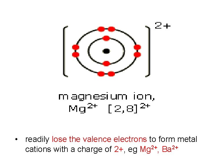 • readily lose the valence electrons to form metal cations with a charge  • readily lose the valence electrons to form metal cations with a charge