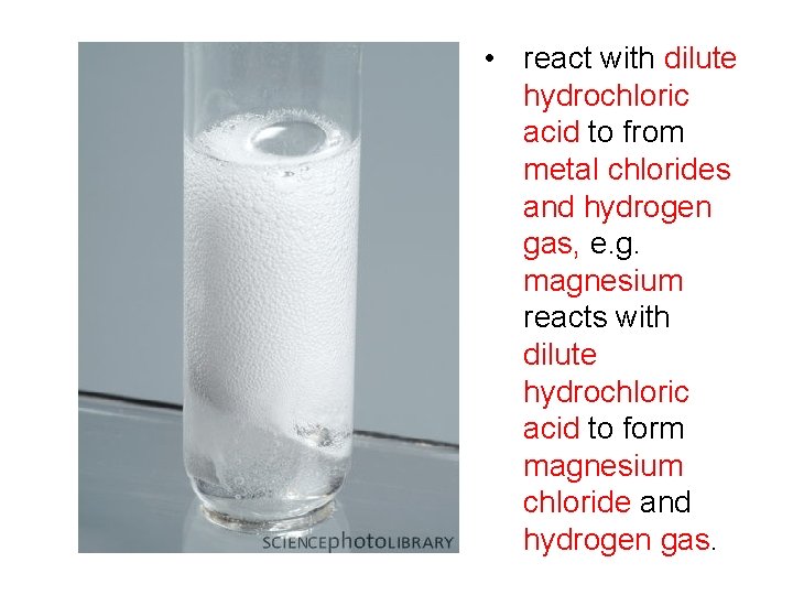 • react with dilute hydrochloric acid to from metal chlorides and hydrogen gas,  • react with dilute hydrochloric acid to from metal chlorides and hydrogen gas,