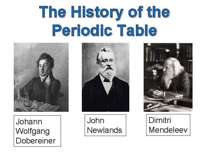 The History of the Periodic Table Johann Wolfgang Dobereiner John Newlands Dimitri Mendeleev  The History of the Periodic Table Johann Wolfgang Dobereiner John Newlands Dimitri Mendeleev