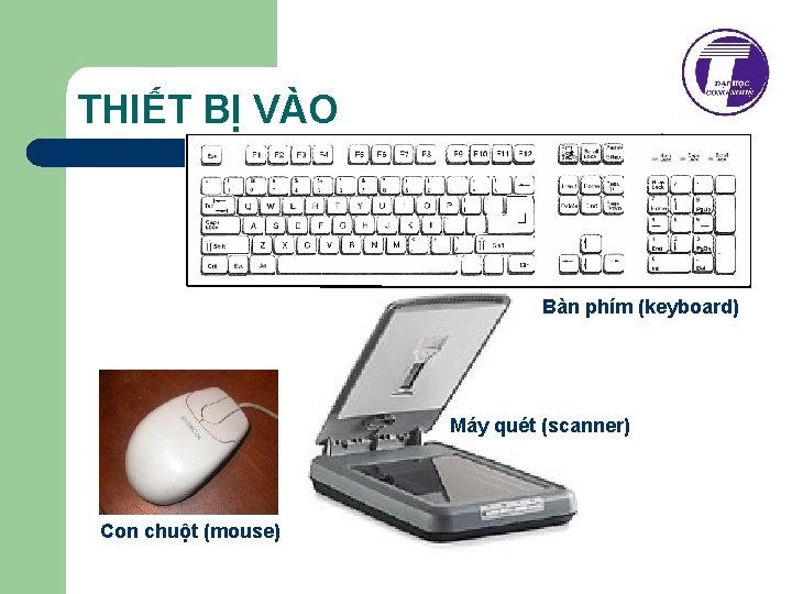 THIẾT BỊ VÀO Bàn phím (keyboard) Máy quét (scanner) Con chuột (mouse) 