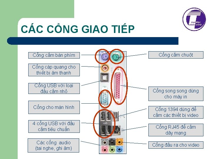 CÁC CỔNG GIAO TIẾP Cổng cắm bàn phím Cổng cắm chuột Cổng cáp quang