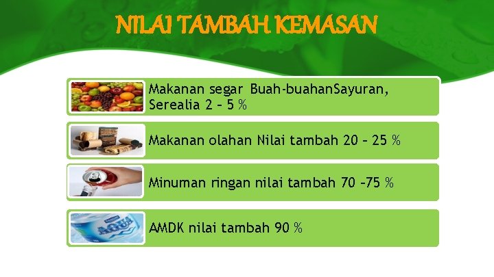 NILAI TAMBAH KEMASAN Makanan segar Buah-buahan. Sayuran, Serealia 2 – 5 % Makanan olahan