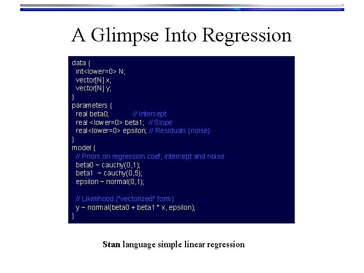 A Glimpse Into Regression data { int<lower=0> N; vector[N] x; vector[N] y; } parameters