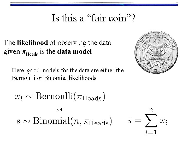 Is this a “fair coin”? The likelihood of observing the data given p. Heads