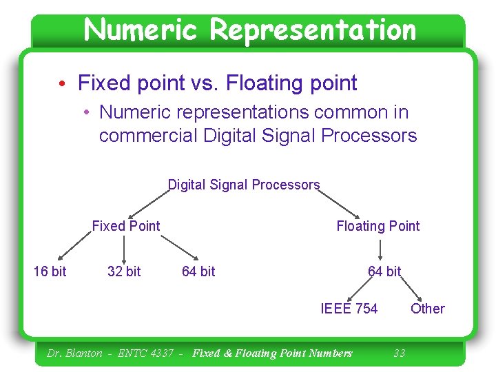 Numeric Representation • Fixed point vs. Floating point • Numeric representations common in commercial