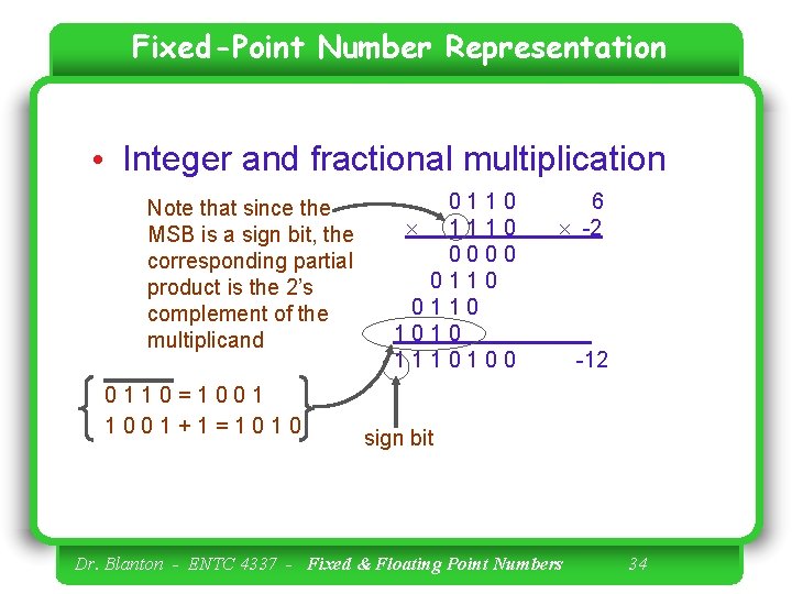 Fixed-Point Number Representation • Integer and fractional multiplication Note that since the MSB is