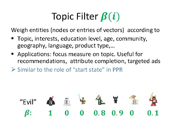 Weigh entities (nodes or entries of vectors) according to § Topic, interests, education level,