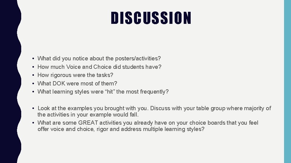 DISCUSSION • • • What did you notice about the posters/activities? How much Voice