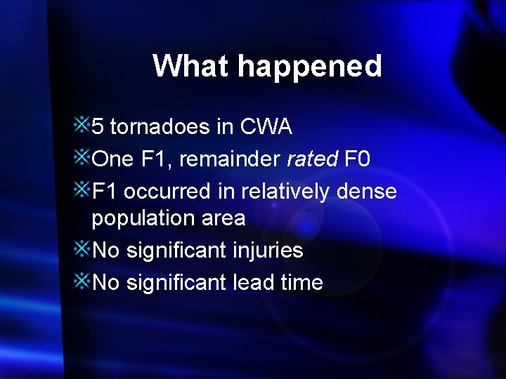 What happened 5 tornadoes in CWA One F 1, remainder rated F 0 F