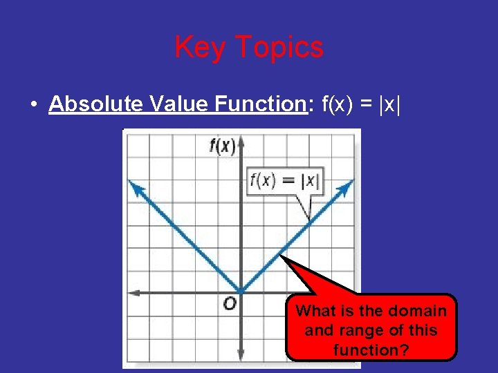 Key Topics • Absolute Value Function: f(x) = |x| What is the domain and