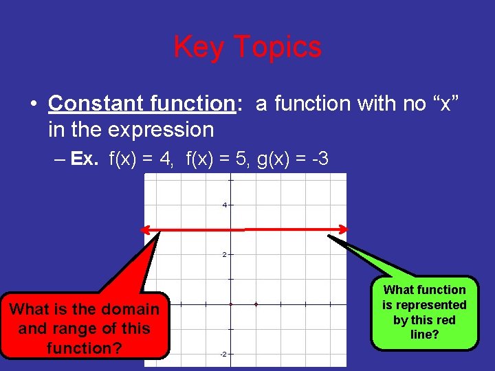 Key Topics • Constant function: a function with no “x” in the expression –