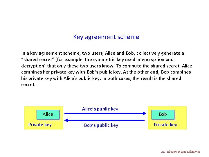 Key agreement scheme In a key agreement scheme, two users, Alice and Bob, collectively