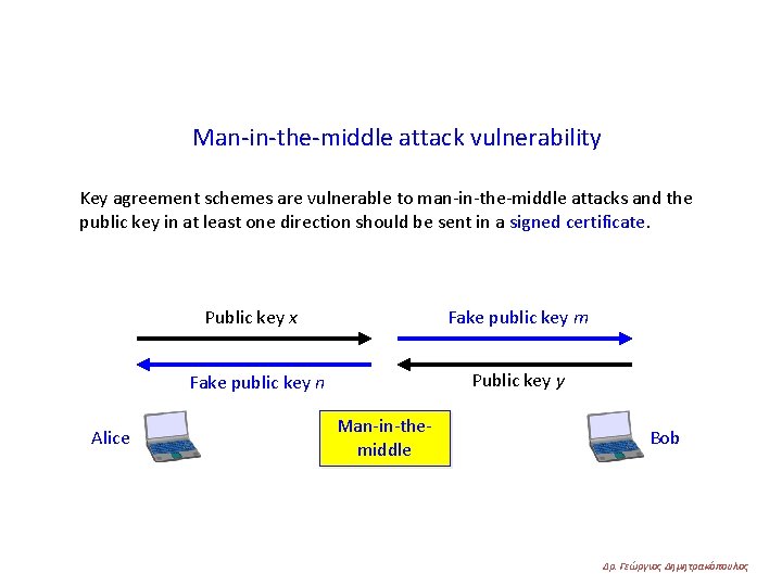 Man-in-the-middle attack vulnerability Key agreement schemes are vulnerable to man-in-the-middle attacks and the public
